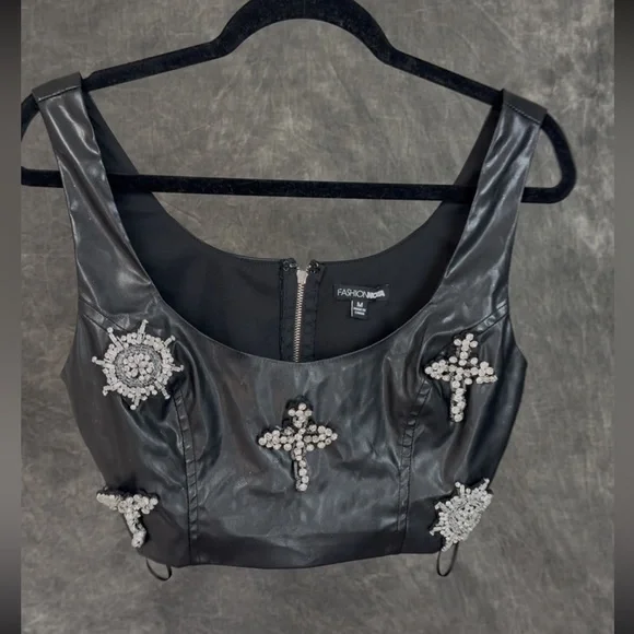 Fashion Nova Faux Leather Rhinestone Crop Top & Flare Pants Set | Black | M - Picture 4 of 15